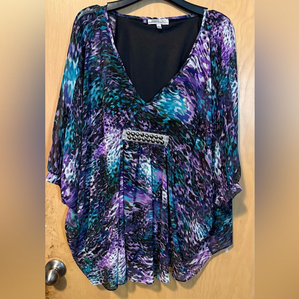Jennifer Lopez Embellished Purple & Turquoise Flowy Tunic Top Size L EUC